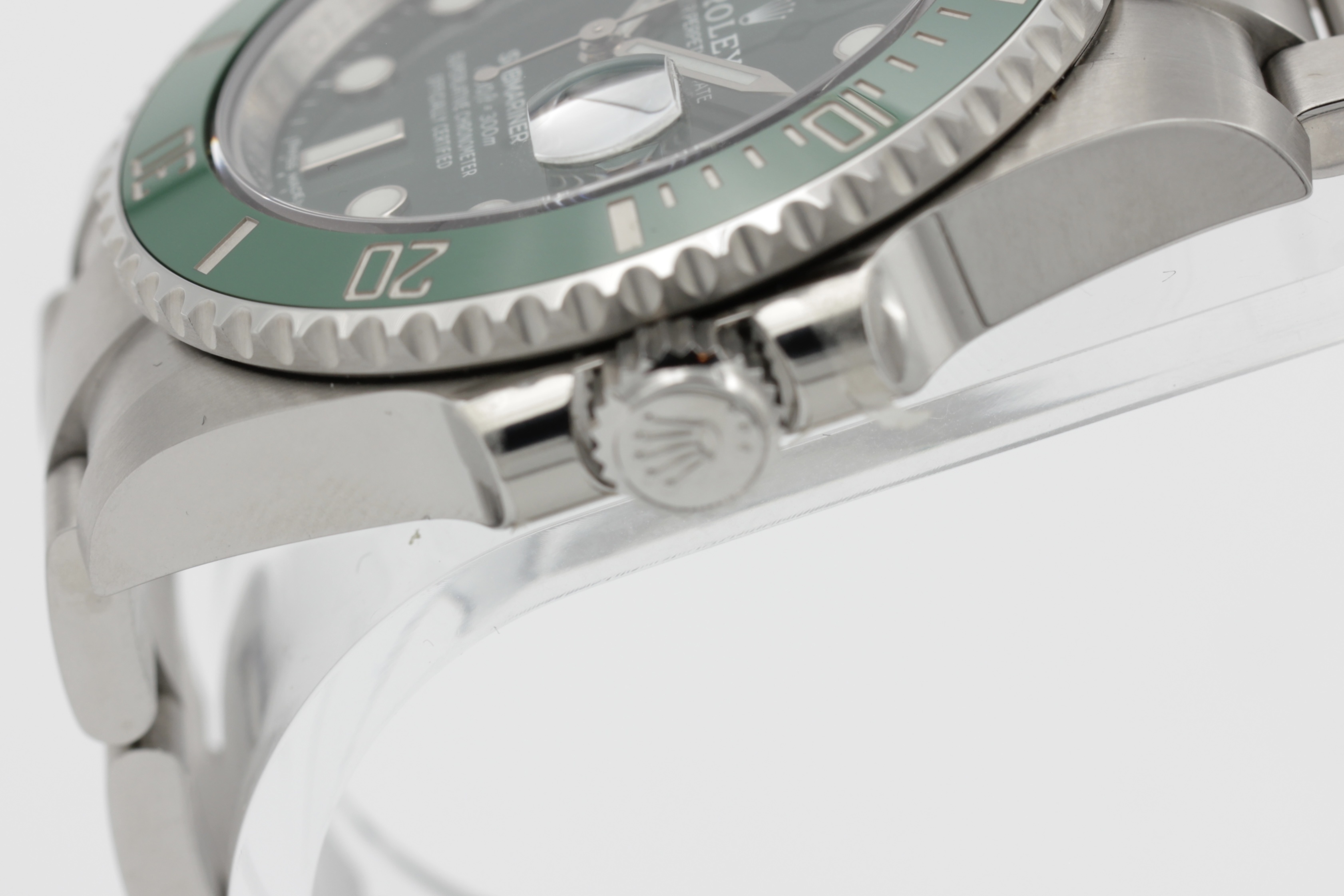 Rolex Submariner Date “Hulk” ref. 116610LV — crown-side view